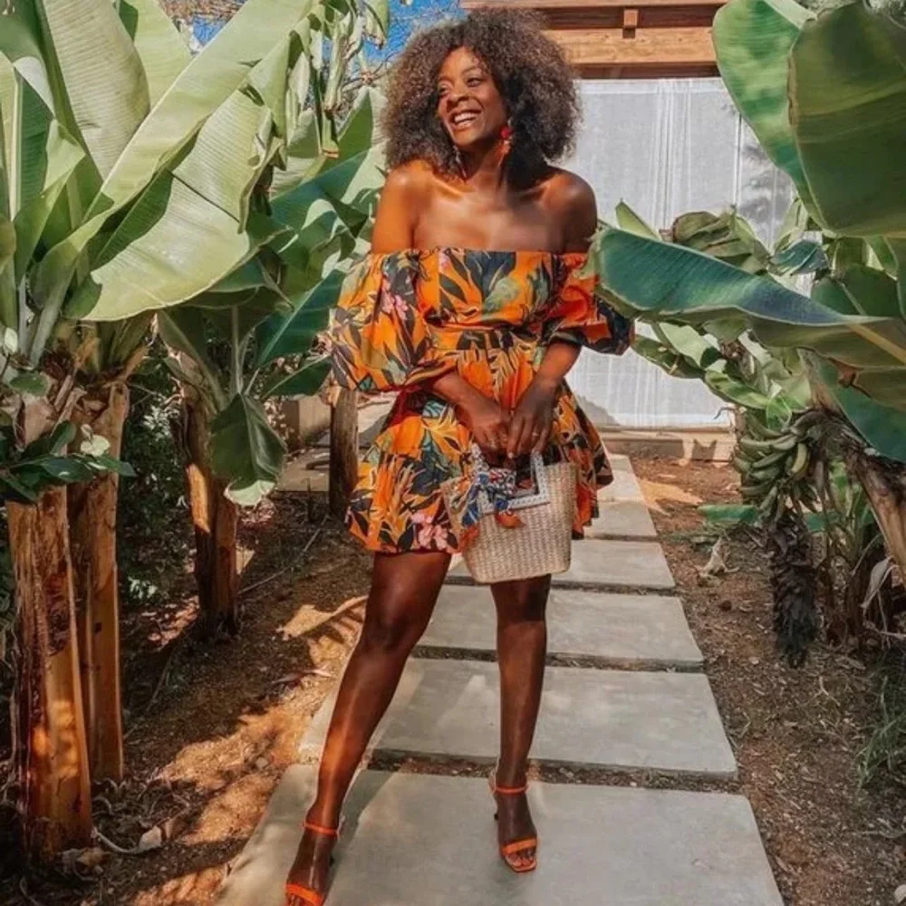 RARE SKIRT SET BLOGGER FAVORITE H&M Orange flare puff sleeve tropical crop XS M - Picture 4 of 11